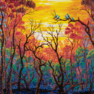 Vibrant sunset forest with twisting dark trees, pink and purple foliage, and blue birds perched on a branch.