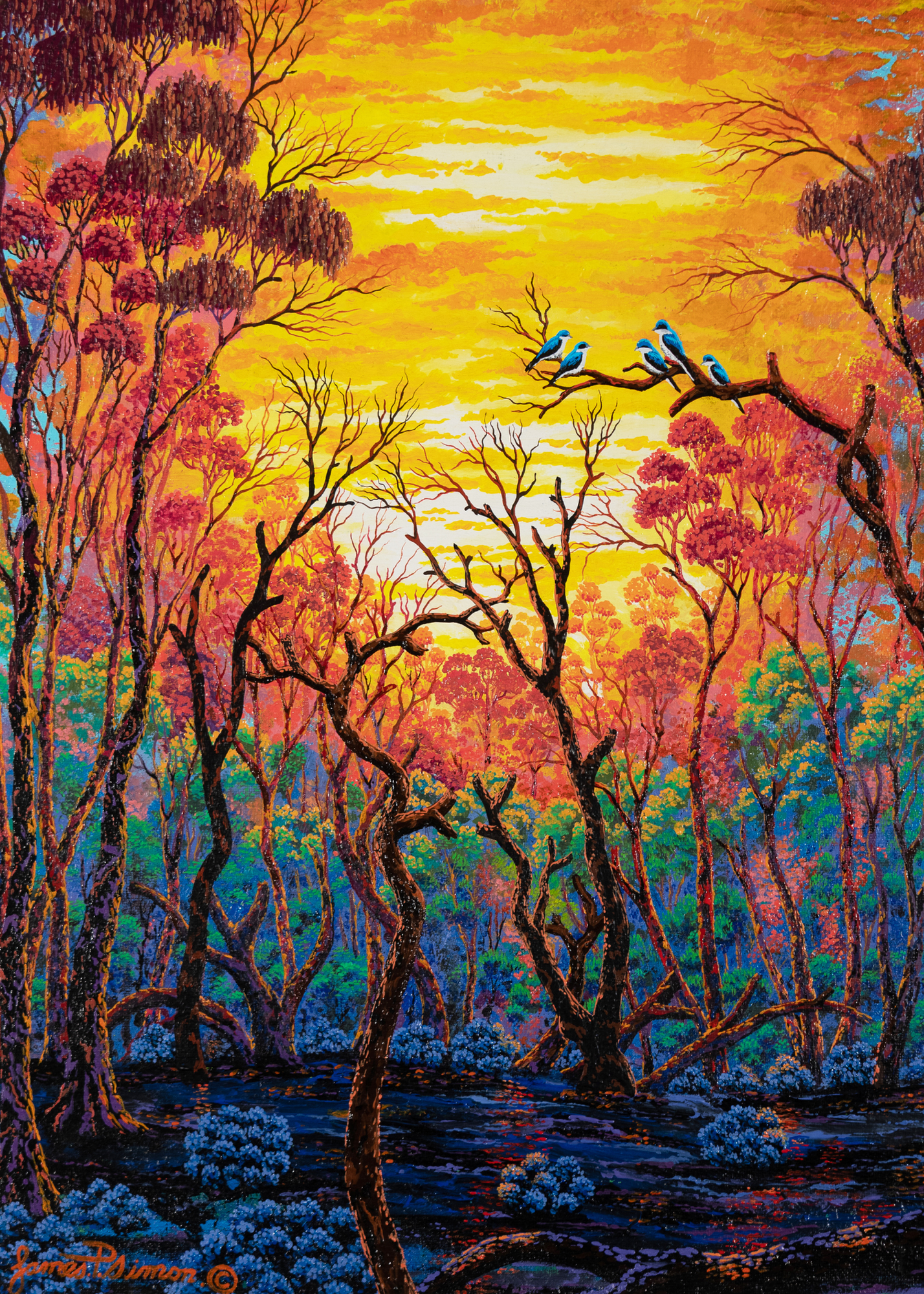 Vibrant sunset forest with twisting dark trees, pink and purple foliage, and blue birds perched on a branch.