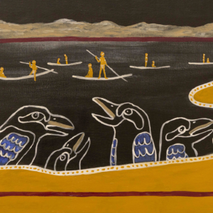 Abstract painting with a black central field, yellow borders, and white outlined figures; small orange human silhouettes on the left.