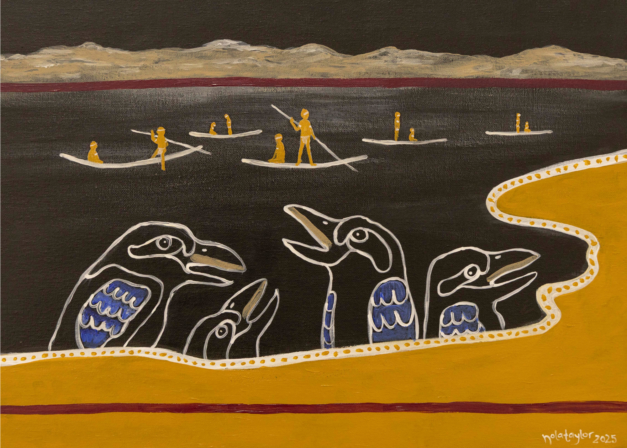 Abstract painting with a black central field, yellow borders, and white outlined figures; small orange human silhouettes on the left.